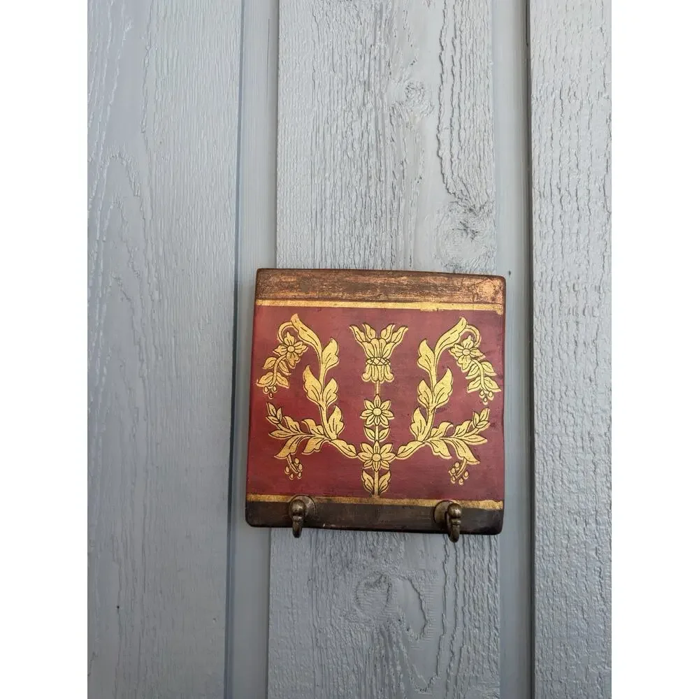 Antique Style Wall Mounted Tile Plaque Red/Gold Floral w/ 2 Metal Hooks